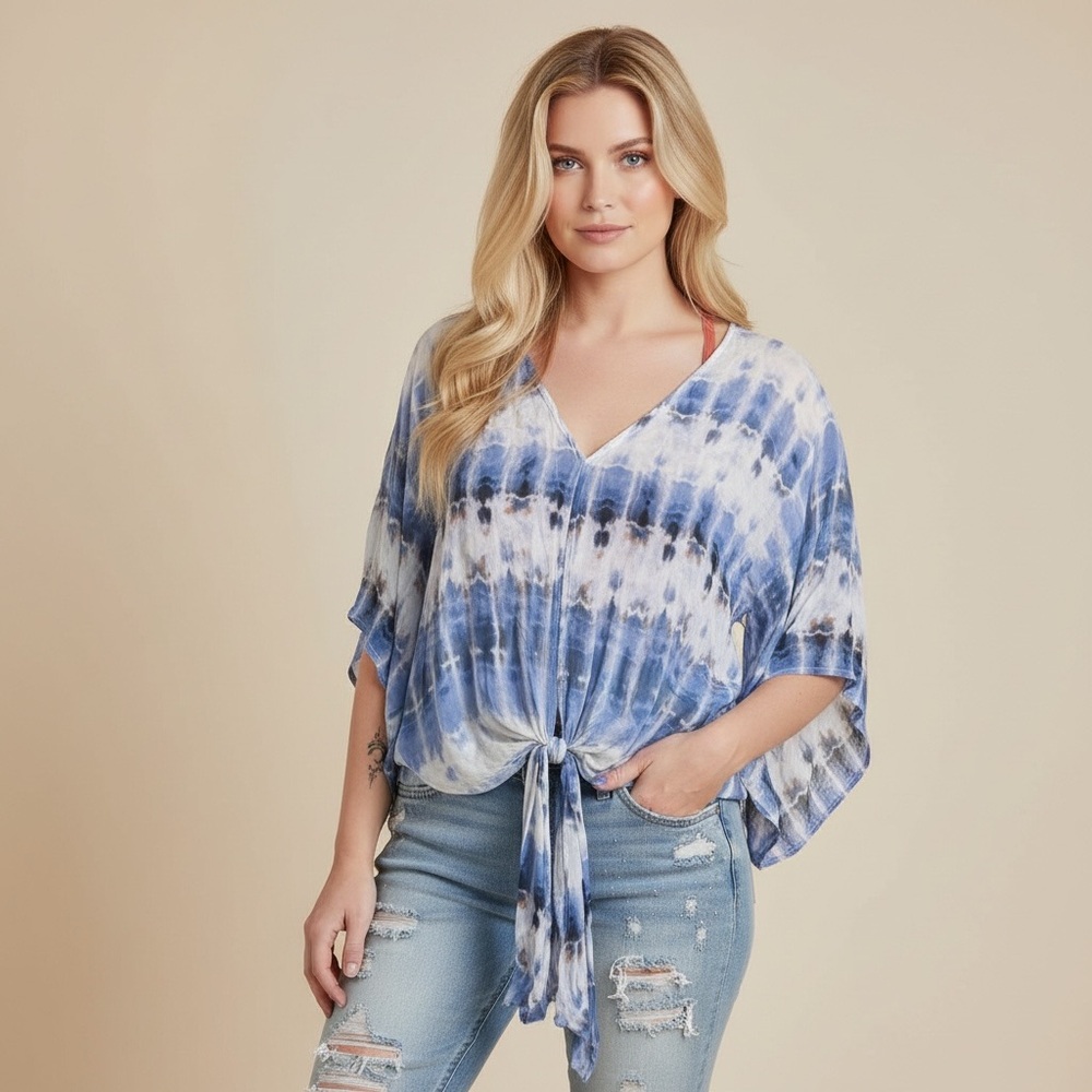 Vici Blue Tie Dye Kimono Blouse Tie Front V-Neck 3/4 Sleeve Boho Top Medium